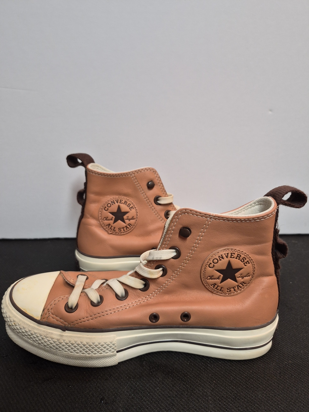 The Converse Chuck Taylor All Star Mid Top Leather Lace Up Sneakers in Brown/Whi